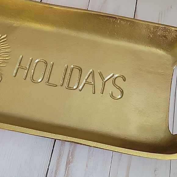 HAPPY Holidays Goldtone Metal  Decor tray Heavy - Picture 3 of 5